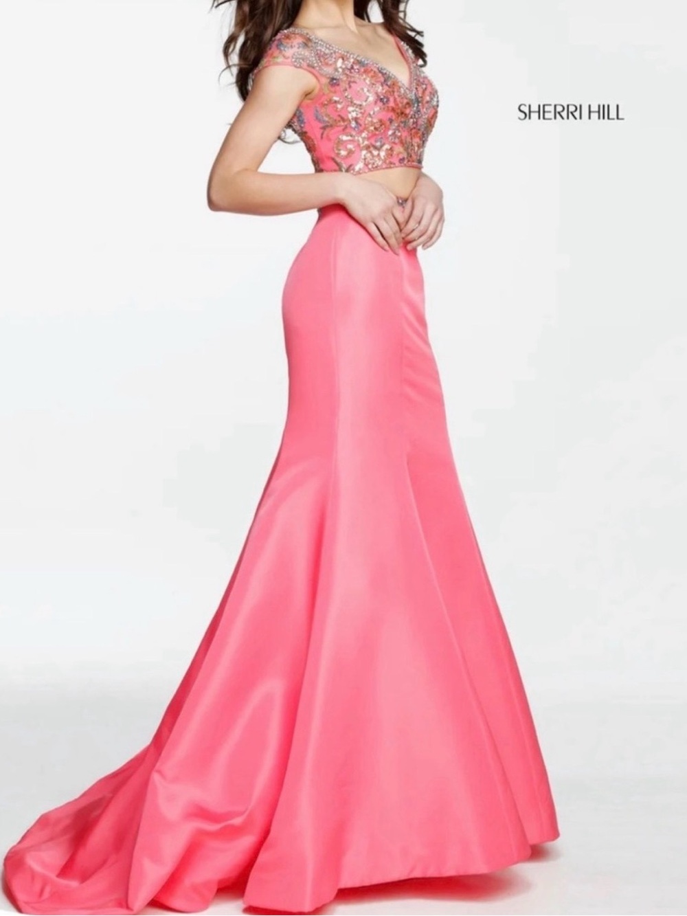 NWT Sherri Hill Coral Two-Piece Beaded
Mermaid Prom Gown Dress 51167 - Size O